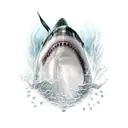 A white shark in profile, whose gold coins fly from the gills and has blood on its teeth tattoo design idea