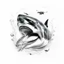 A white shark in profile, whose gold coins fly from the gills and has blood on its teeth tattoo design idea