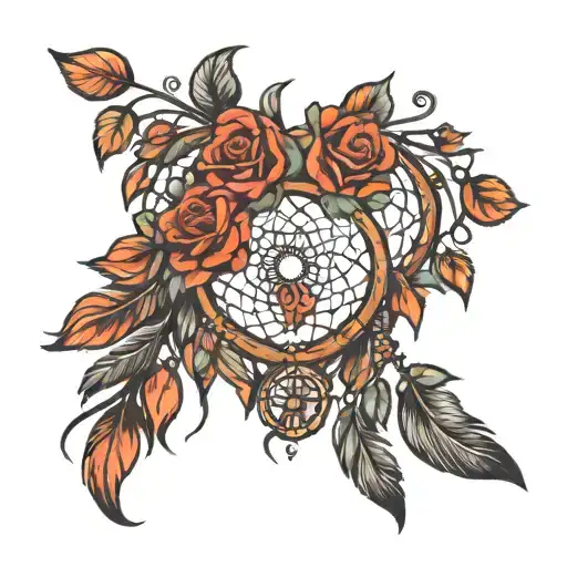 dreamcatcher and roses intertwined tattoo design idea
