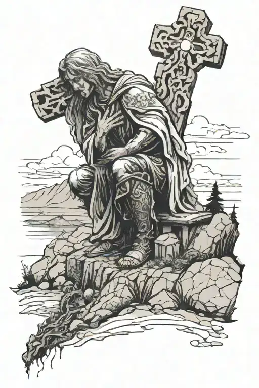 a hurt angel kneeling before a weathered cross on a hill tattoo design idea