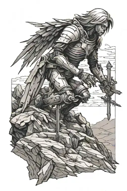 a battle  angel kneeling before a weathered cross on a hill tattoo design idea
