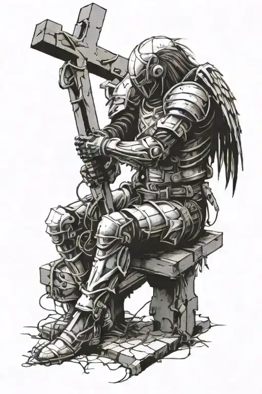 a battle angel kneeling before a weathered cross tattoo design idea