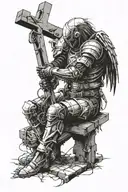 a battle angel kneeling before a weathered cross tattoo design idea