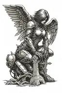 a battle angel kneeling before a weathered cross tattoo design idea