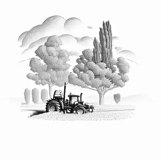 A detailed farm landscape with a tractor and crops, showcasing your occupation as a farmer tattoo design idea