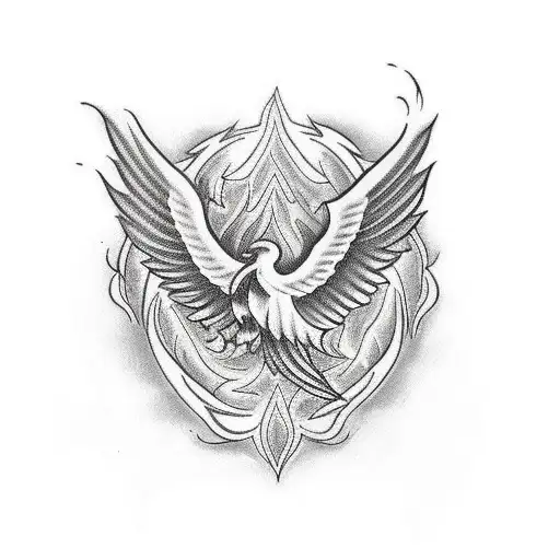 A traditional-style phoenix with bold wings made of flames and intricate patterns tattoo design idea