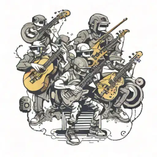 A collage of iconic video game characters playing musical instruments surrounded by a border of developer code snippets tattoo design idea