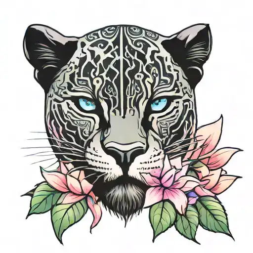 black panther with aqua eyes surrounded by pink water Lilly's  tattoo design idea
