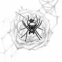 A spider spinning a web with rose petals tattoo design idea