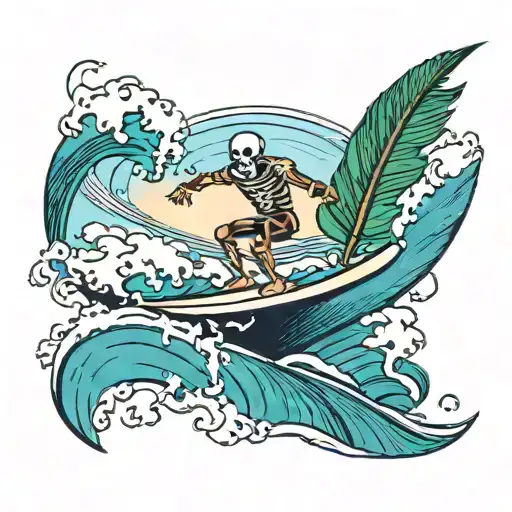Skeleton surfing, palm frond instead of wave tattoo design idea