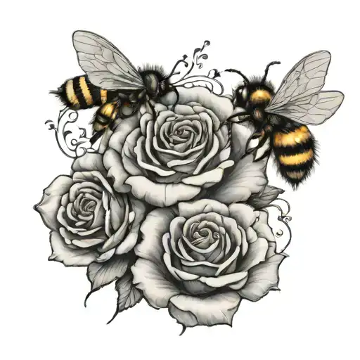 a rose with two bees sitting on one petal  tattoo design idea