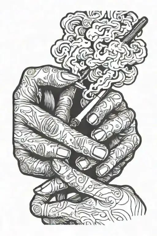 A hand holding a cigarette on lips and another hand lighting the cigarette with a match tattoo design idea