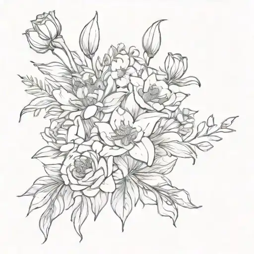 A sketch-style tattoo of a bouquet of roses, lilies, peonies, daisies, and iris with each flower representing a different aspect of the client's personality tattoo design idea