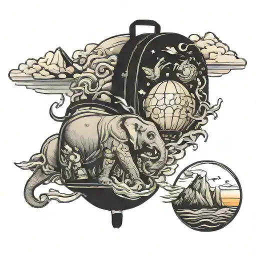 backpack incased with elephant, turtles, mountains, waves, sunset, hot air balloon, scooter, snow lon and around it tattoo design idea