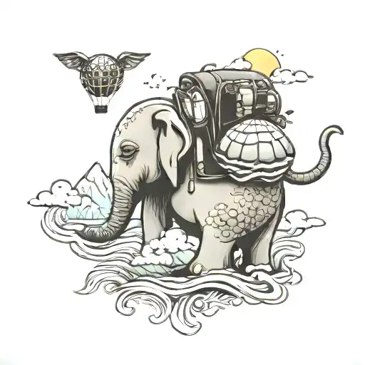 backpack, elephant, turtles, mountains, waves, sunset, hot air balloon. scooter, snow tattoo design idea