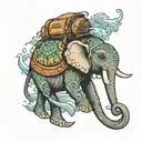 travellers backpack with elephant, turtles inside. snow capped mountains and waves crashing around it. turtle and scoote tattoo design idea