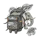 travellers backpack with elephant, turtles inside. snow capped mountains and waves crashing around it. turtle and scoote tattoo design idea