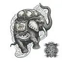 travellers backpack with elephant, turtles inside. snow capped mountains and waves crashing around it. turtle and scoote tattoo design idea