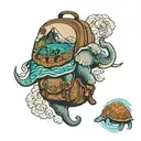 travellers backpack with elephant, turtles inside. snow capped mountains and waves crashing around it. turtle and scoote tattoo design idea