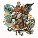 backpack with elephant, turtles, mountains, waves, sunset, hot air balloon, scooter, snow lon and around it tattoo design idea