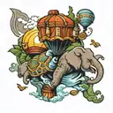 backpack with elephant, turtles, mountains, waves, sunset, hot air balloon, scooter, snow lon and around it tattoo design idea