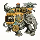 backpack with elephant, turtles, mountains, waves, sunset, hot air balloon, scooter, snow lon and around it tattoo design idea