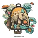 backpack with elephant, turtles, mountains, waves, sunset, hot air balloon, scooter, snow lon and around it tattoo design idea