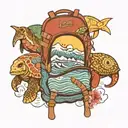 backpack with mountains, waves, turtles, elephants, surfboard, aeroplane tattoo design idea