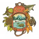 backpack with mountains, waves, turtles, elephants, surfboard, aeroplane tattoo design idea