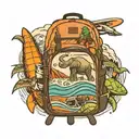 backpack with mountains, waves, turtles, elephants, surfboard, aeroplane tattoo design idea