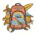 backpack with mountains, waves, turtles, elephants, surfboard, aeroplane tattoo design idea