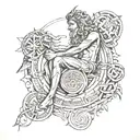 Integrate a mythical figure from Greek mythology into a black and grey tattoo design with sacred geometry accents tattoo design idea