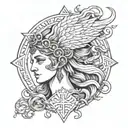 Integrate a mythical figure from Greek mythology into a black and grey tattoo design with sacred geometry accents tattoo design idea