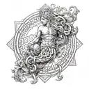 Integrate a mythical figure from Greek mythology into a black and grey tattoo design with sacred geometry accents tattoo design idea