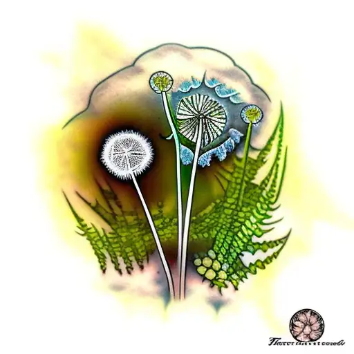 Dandelion with stem and fern leaf чорно біле tattoo design idea