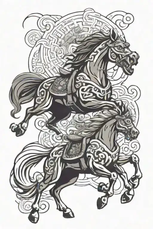 chinese horse jumping guarded by fu dog  tattoo design idea