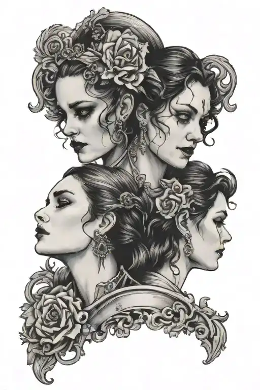 in a gothic style, a woman is looking into a mirror smiling and a woman in the reflection looking back at her is crying tattoo design idea