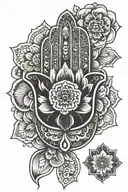 Hamsa hand with mandala design holding a poppy flower tattoo design idea