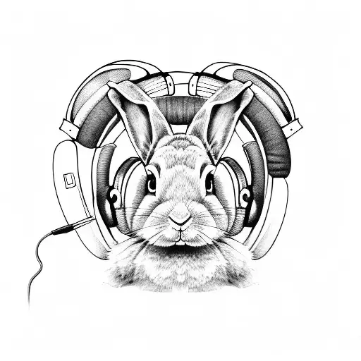 A rabbit wearing headphone and playing to techno music tattoo design idea