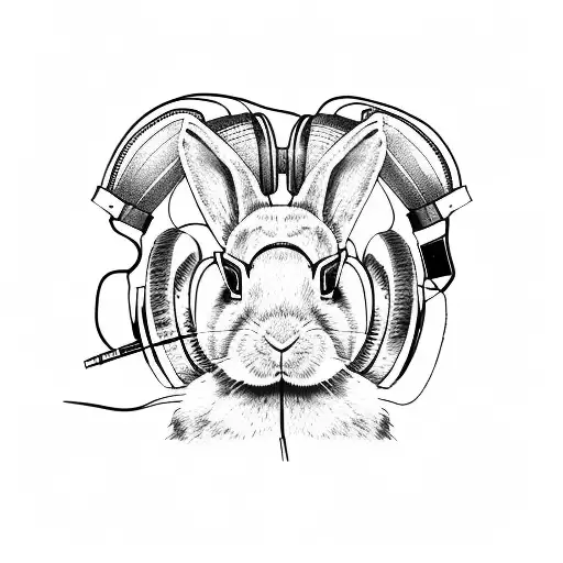 A rabbit wearing headphones and listening to techno music tattoo design idea