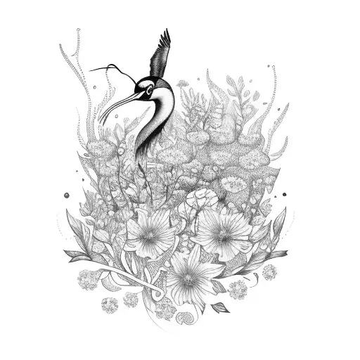 Create a tattoo of a construction crane surrounded by wildflowers and flowing water tattoo design idea