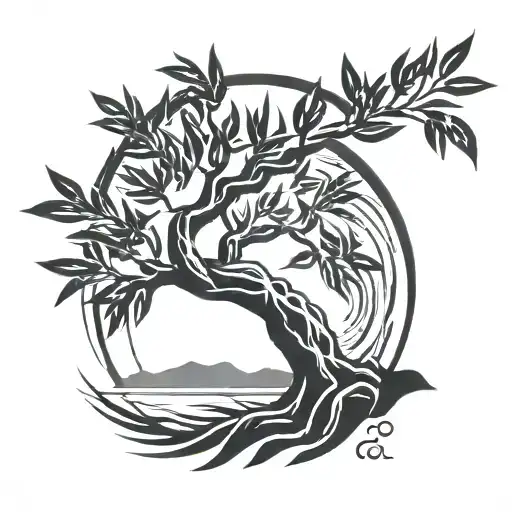 olive tree and rough sea tattoo design idea