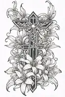 Cross with tiger lilies "Kelsey 1991-2012"  tattoo design idea