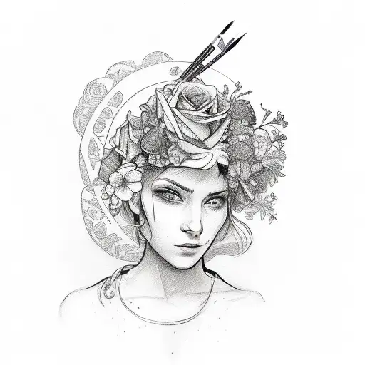 A sketch-style tattoo of a woman holding a paintbrush, surrounded by colorful flowers tattoo design idea