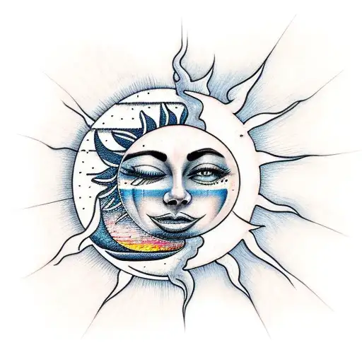 sun hugging moon with crying faces tattoo design idea