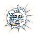 sun hugging moon with crying faces tattoo design idea