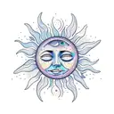 sun hugging moon with crying faces tattoo design idea