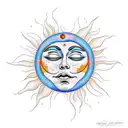 sun hugging moon with crying faces tattoo design idea