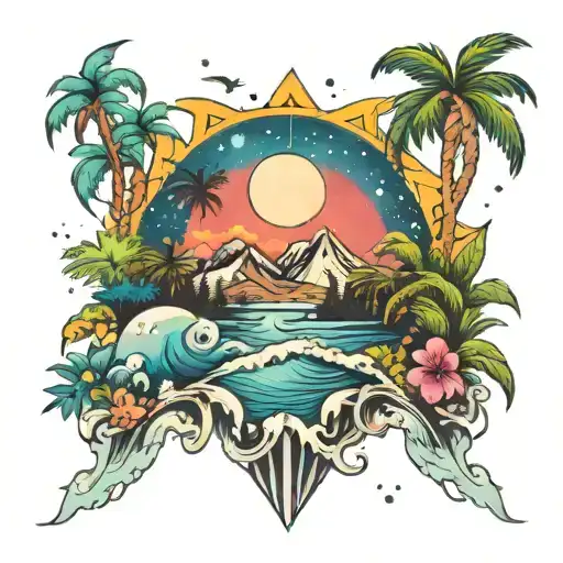 galaxy, mountains, tropical trees, ocean waves crashing tattoo design idea