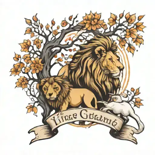 a lion and a lamb near a tree growing tattoo design idea